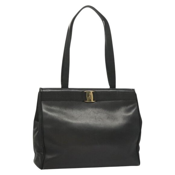 Salvatore Ferragamo Handbags - Salvatore Ferragamo Vala Tote Bag Leather Navy Gold Auth BA3020